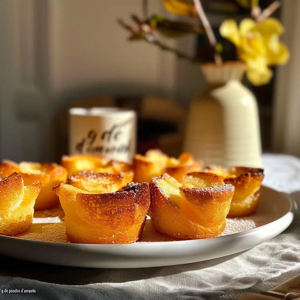 Side view of freshly baked financiers à la pomme, showcasing a moist texture.