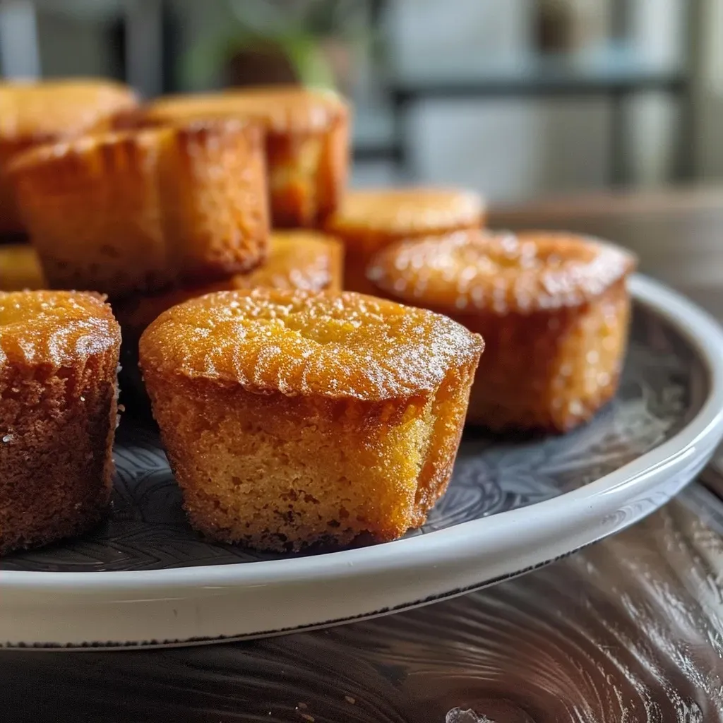 Side view of freshly baked vegan financiers on a wooden surface.