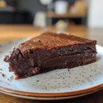 A close-up side view of a rich chocolate pumpkin fondant dessert on a plate.