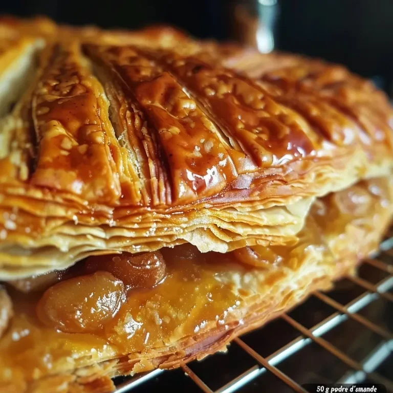 Close-up view of a golden-brown galette filled with chestnut cream.