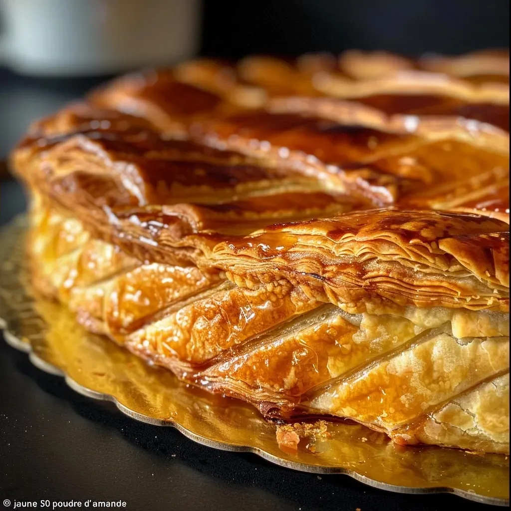 Side angle of a delicious galette featuring a creamy chestnut filling and a flaky crust.