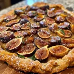 A side view of a fig galette showcasing its rustic crust and fresh fig filling.