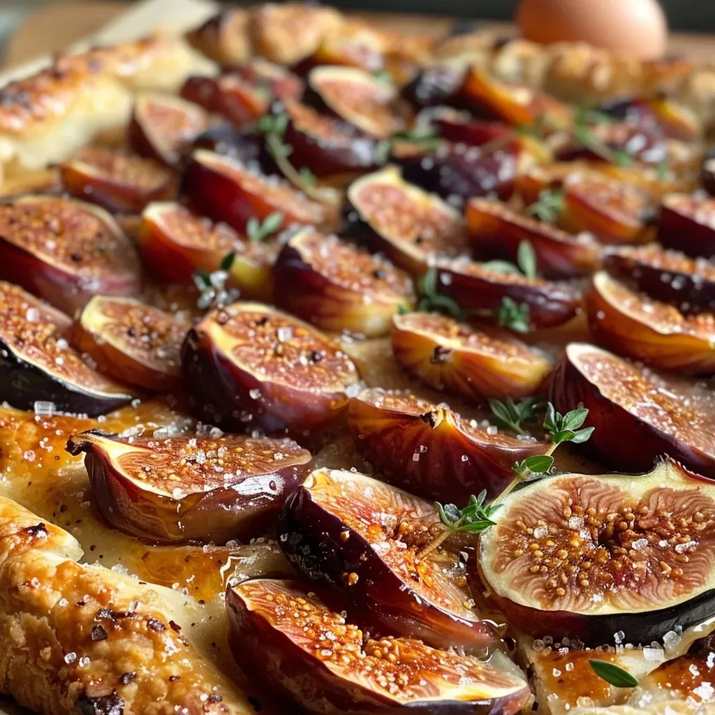 Close-up of a golden-brown fig galette with slices of fresh figs visible.