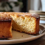 A close-up side view of a gluten-free chestnut cake, showcasing its moist texture and golden brown crust.