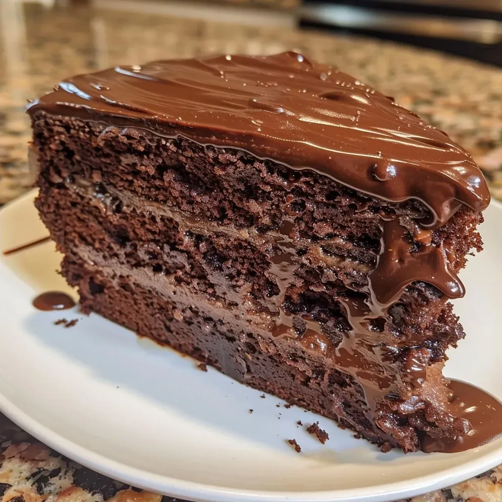 Side view of a decadent air-fried cake, featuring a glossy chocolate frosting and a soft crumb.