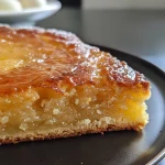 Close-up view of a moist maple cake with a glazed top and decorative maple flakes.