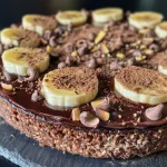 Close-up view of a healthy chocolate cake with bananas, showcasing its moist texture.