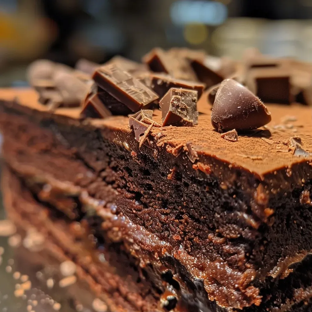 Close-up view of a healthy chocolate cake slice with a glossy finish.