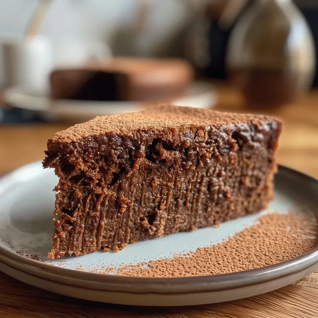 Side view of a moist gluten-free chocolate cake topped with chocolate ganache.