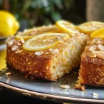 A close-up side view of a lemon loaf cake, showcasing its moist texture and glossy lemon glaze.