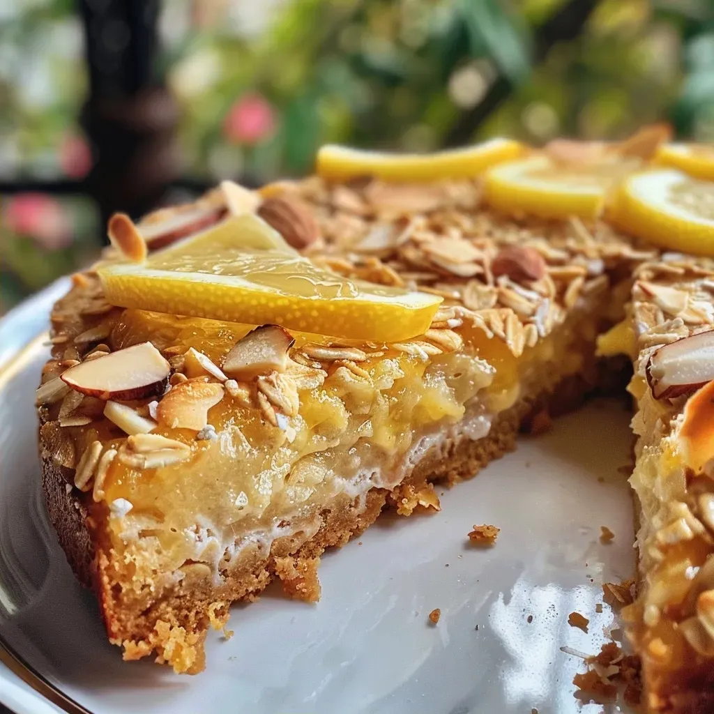A richly textured lemon loaf cake on a plate, with visible lemon zest and almond flakes on top.
