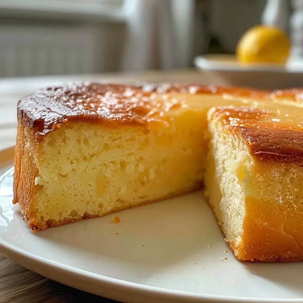 Juicy gâteau au yaourt displayed on a plate, highlighting its fluffy interior and golden crust.