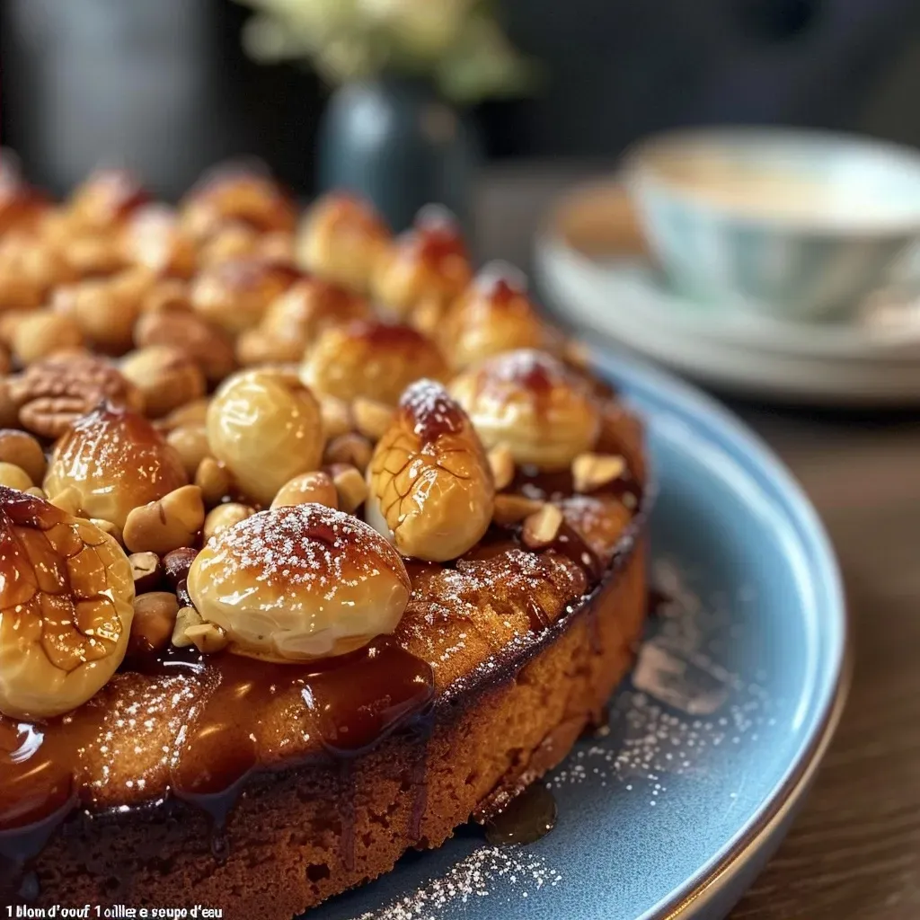 ['Close-up of a moist Gâteau aux marrons glacés on a plate.', 'Side view of a delicious marron-glacé cake, showcasing its texture and layers.', 'Glazed chestnut cake displayed beautifully with a rich topping.', 'Close-up of Gâteau aux marrons glacés highlighting its shiny, sweet surface.']