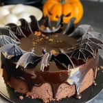 Close-up side view of a Halloween bat cake decorated with chocolate icing and fondant eyes.