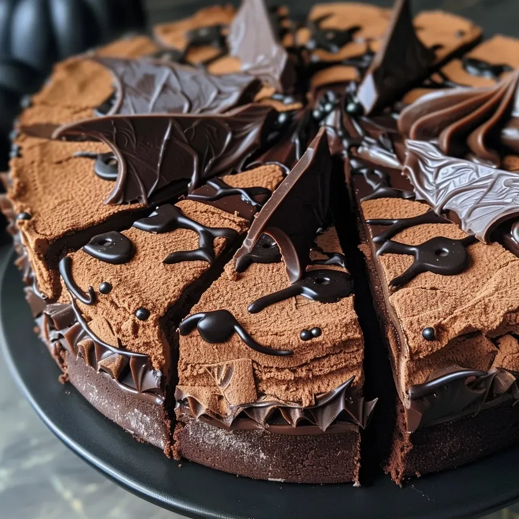 Side view of a rich chocolate Halloween bat cake, showcasing intricate black sugar decorations.