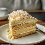 Close-up view of a layered Italian cream cake with cream cheese frosting and coconut topping.