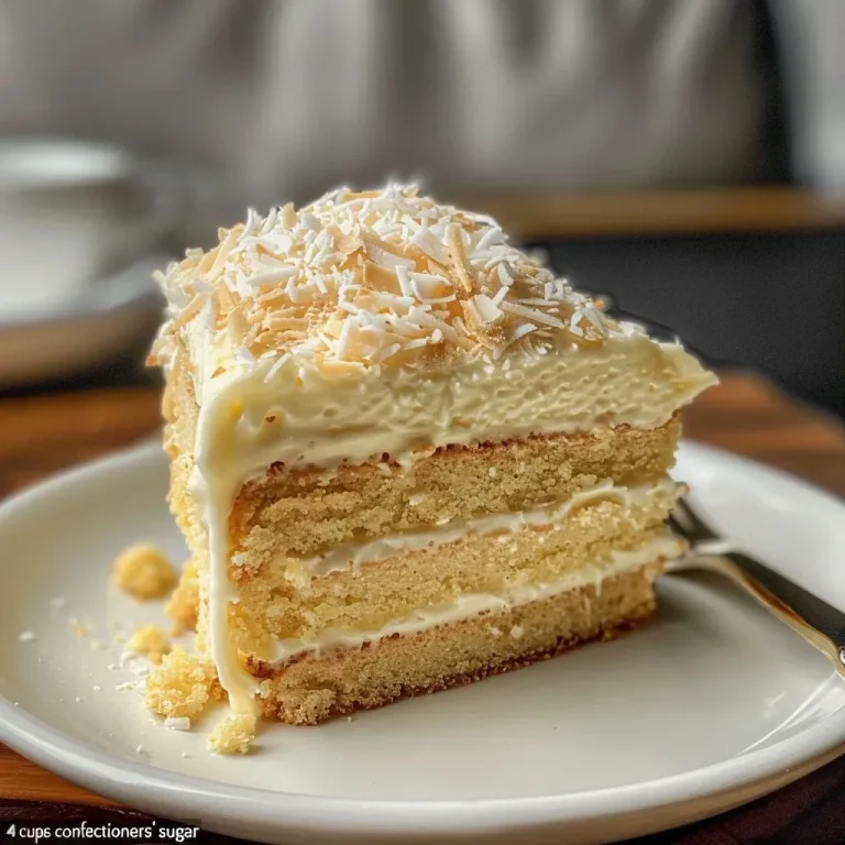 Close-up view of a layered Italian cream cake with cream cheese frosting and coconut topping.