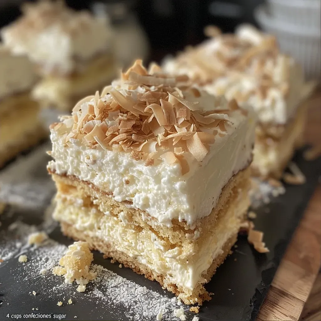 Side view of an Italian cream cake showcasing its rich texture and garnish of walnuts and coconut flakes.
