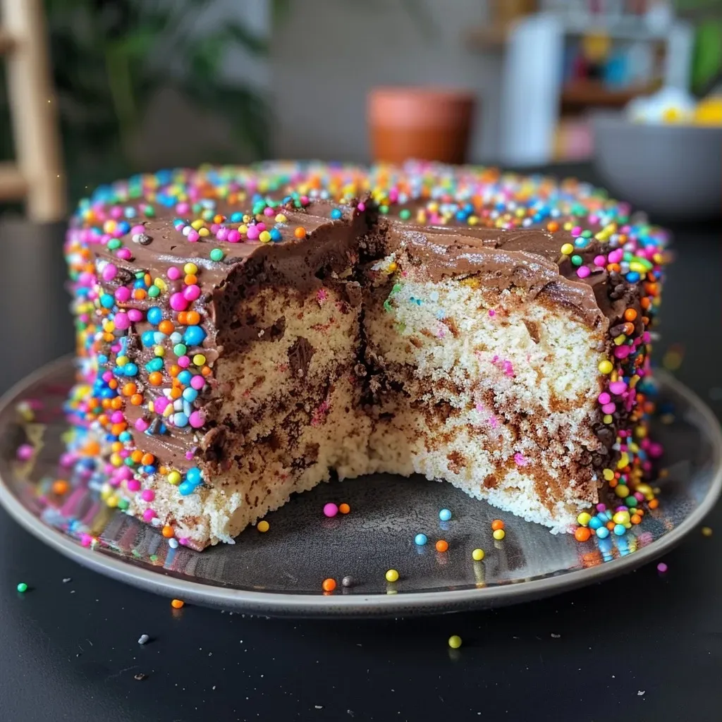 Side view of a high protein birthday cake topped with colorful sprinkles and cream cheese frosting.