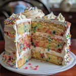 Close-up side view of a healthy vanilla birthday cake with creamy frosting.
