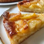 ['A close-up of a moist apple compote cake with a golden brown crust, served on a white plate.', 'Side view of a delicious gâteau fondant à la compote de pommes, showcasing its soft texture and apple filling.', 'Close-up photo of an apple compote cake slice, highlighting the glossy surface and moist interior.', 'A slice of gâteau fondant à la compote de pommes on a wooden table, emphasizing its rich, fruity appearance.']