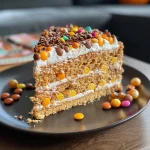 A side view of a Halloween-themed cake decorated with colorful candies and dark chocolate frosting.