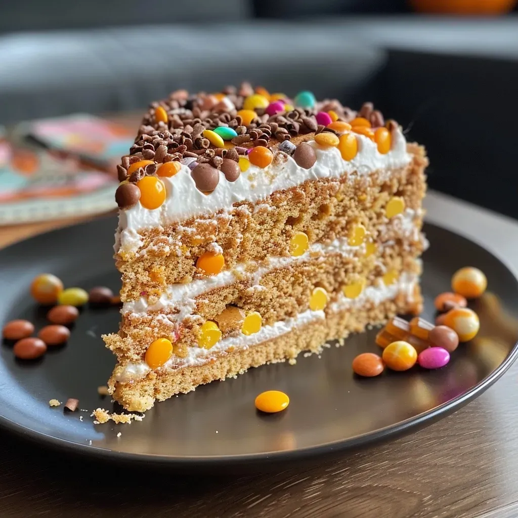 A side view of a Halloween-themed cake decorated with colorful candies and dark chocolate frosting.