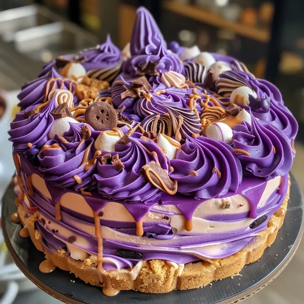 Close-up image of a rich, purple-colored Halloween cake featuring a whimsical ice cream cone on top.