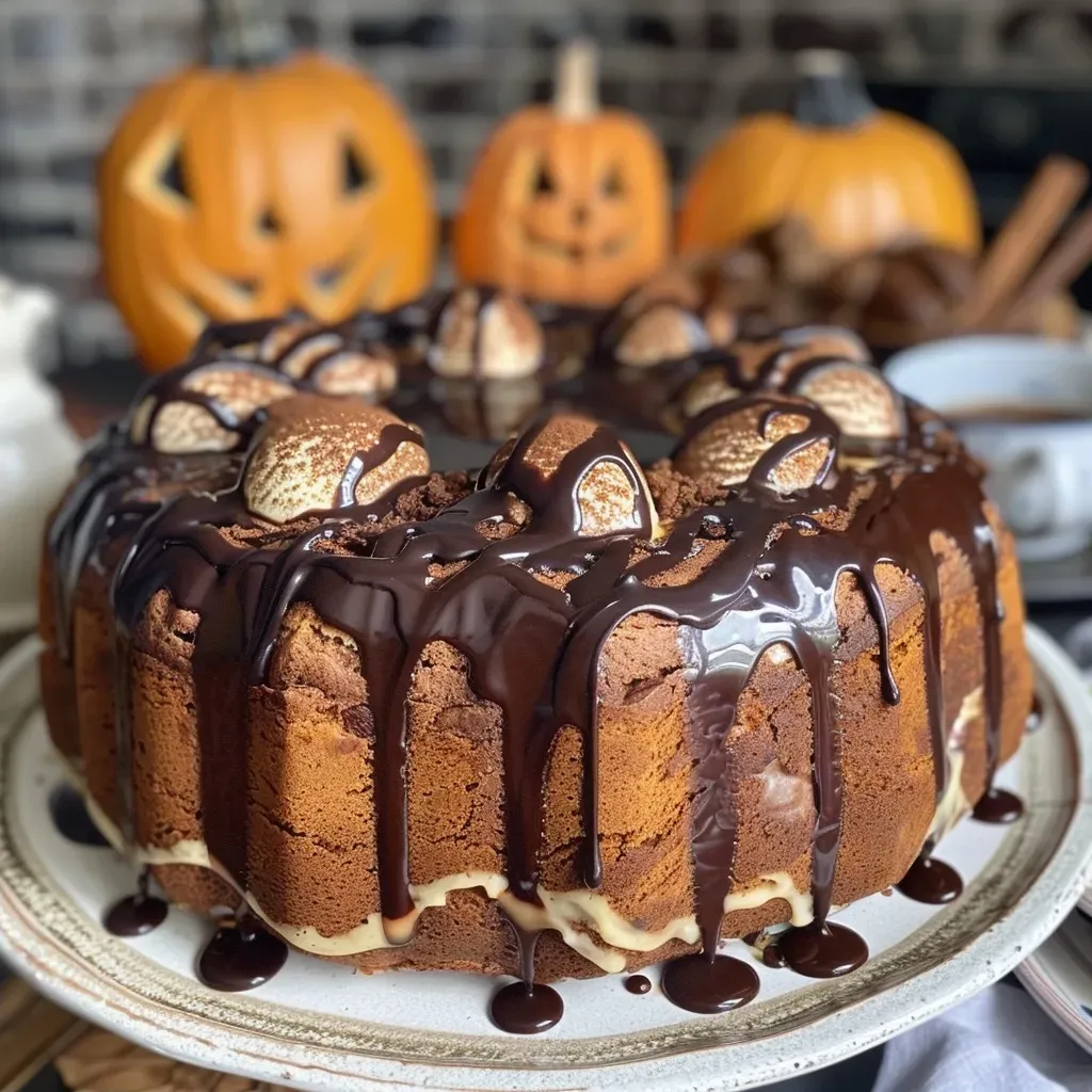 Side view of a Halloween-themed marbled cake decorated with spooky designs.