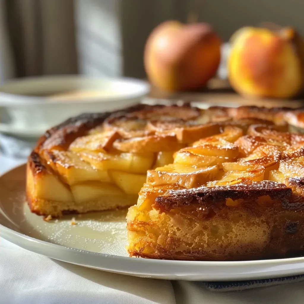 ['Close-up of a moist apple cake with a golden crust and sliced apples on top.', 'Side view of a freshly baked gâteau moelleux aux pommes, showcasing its texture.', 'A delicious apple cake with a shiny glaze, presented on a white plate.', 'Juicy apple cake with visible apple slices and a soft, fluffy interior.']