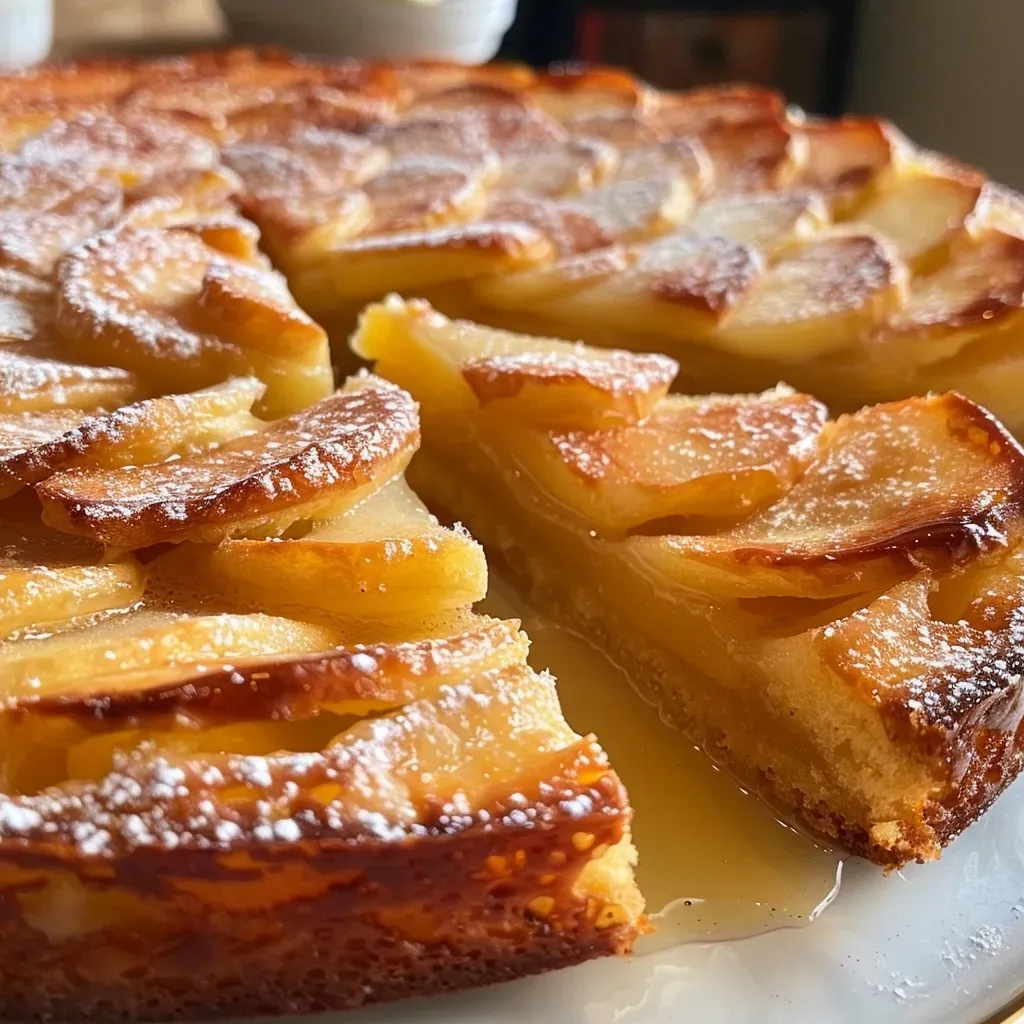 ['A close-up side view of a moist apple and cinnamon cake, showcasing its fluffy texture.', 'A juicy slice of gâteau moelleux pomme cannelle, with visible apple chunks and a dusting of cinnamon.', 'A detailed shot of a baked apple cake, emphasizing its golden crust and tender interior.', 'A delicious-looking moist apple cake, highlighting the cinnamon-spiced layers and fresh apples.']