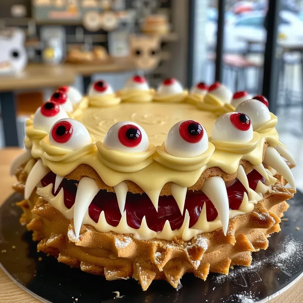 Close-up of a colorful monster cake with frosting and candy eyes on a white plate.