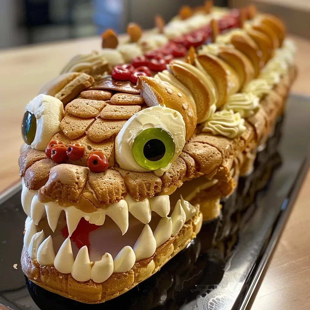 A vibrant, fluffy monster cake featuring blue, green, and red colors with playful sugar eyes.