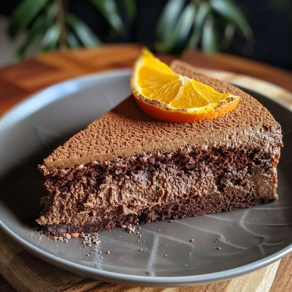 Close-up view of a chocolate orange cake with a glossy finish and chocolate chips on top.