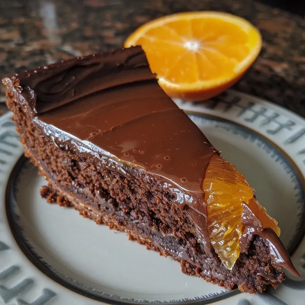 Side view of a rich gâteau orange chocolat showcasing the orange zest and chocolate layers.