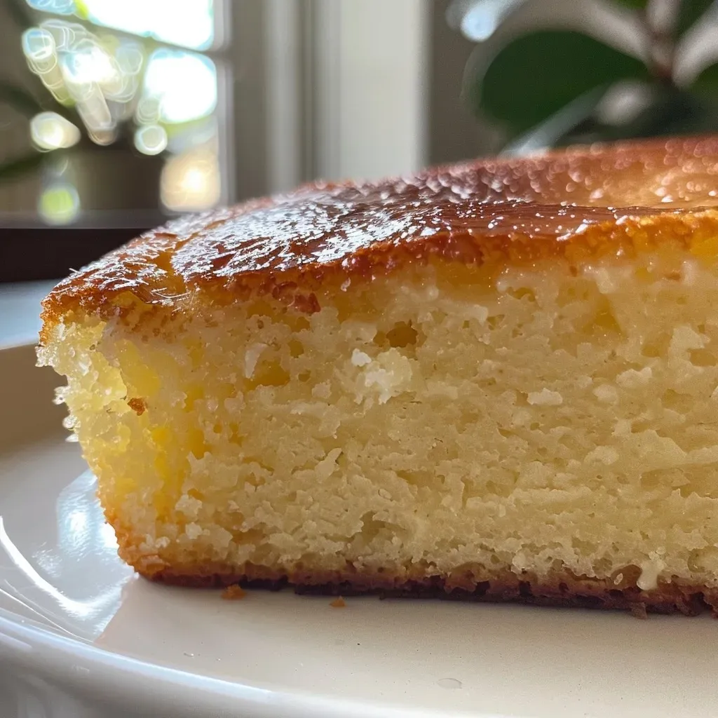 Close-up of a vanilla protein cake slice showcasing its moist texture.