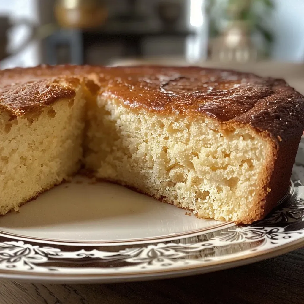 Side view of a slice of vanilla protein cake with a light golden crust.