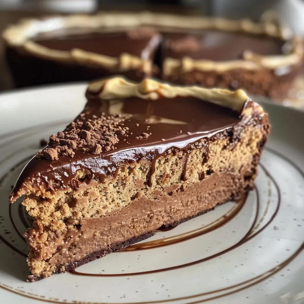 Side view of a decadent protein cake topped with mini Reese's and a drizzle of peanut butter.