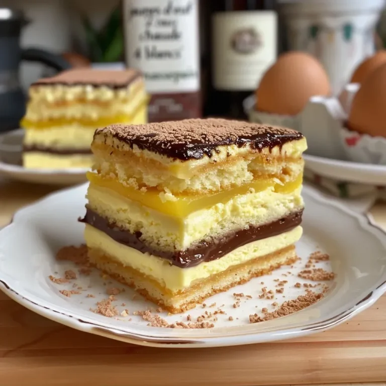 Close-up side view of a beautifully layered Gâteau Rigolo, showcasing rich colors and textures.