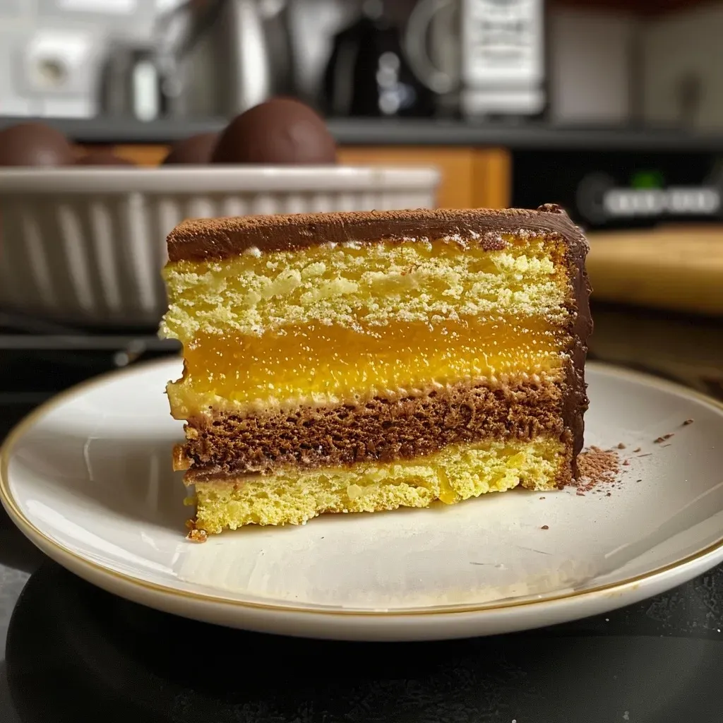 Side view of a delicious Gâteau Rigolo, featuring chocolate and cream layers with decorative toppings.
