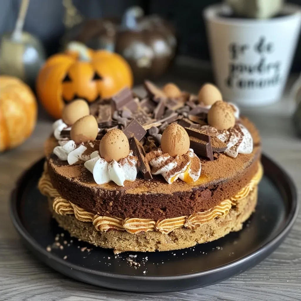 Juicy Gâteau sorcière d'Halloween showcasing rich chocolate layers and almond topping.