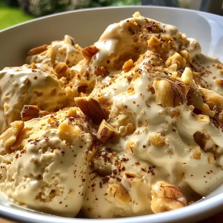 Glace aux amandes torréfiées : un délice crémeux sans sorbetière Close-up of a creamy glace aux amandes with roasted almonds.