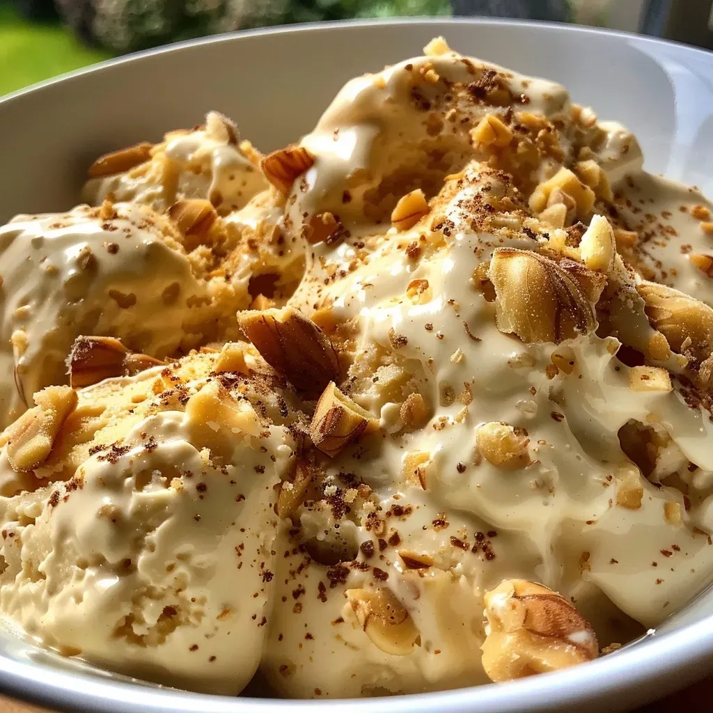 Close-up of a creamy glace aux amandes with roasted almonds.