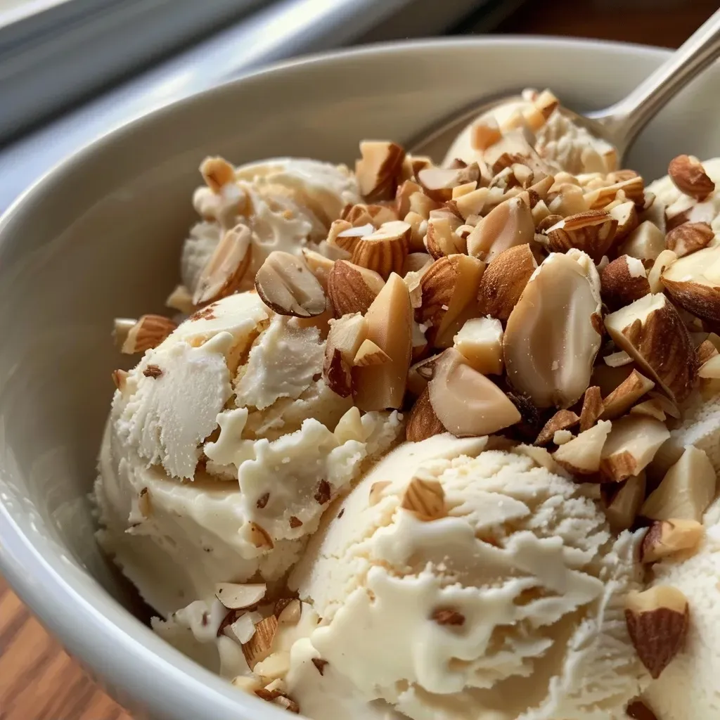 Side view of a textured dessert featuring caramelized almond pieces.