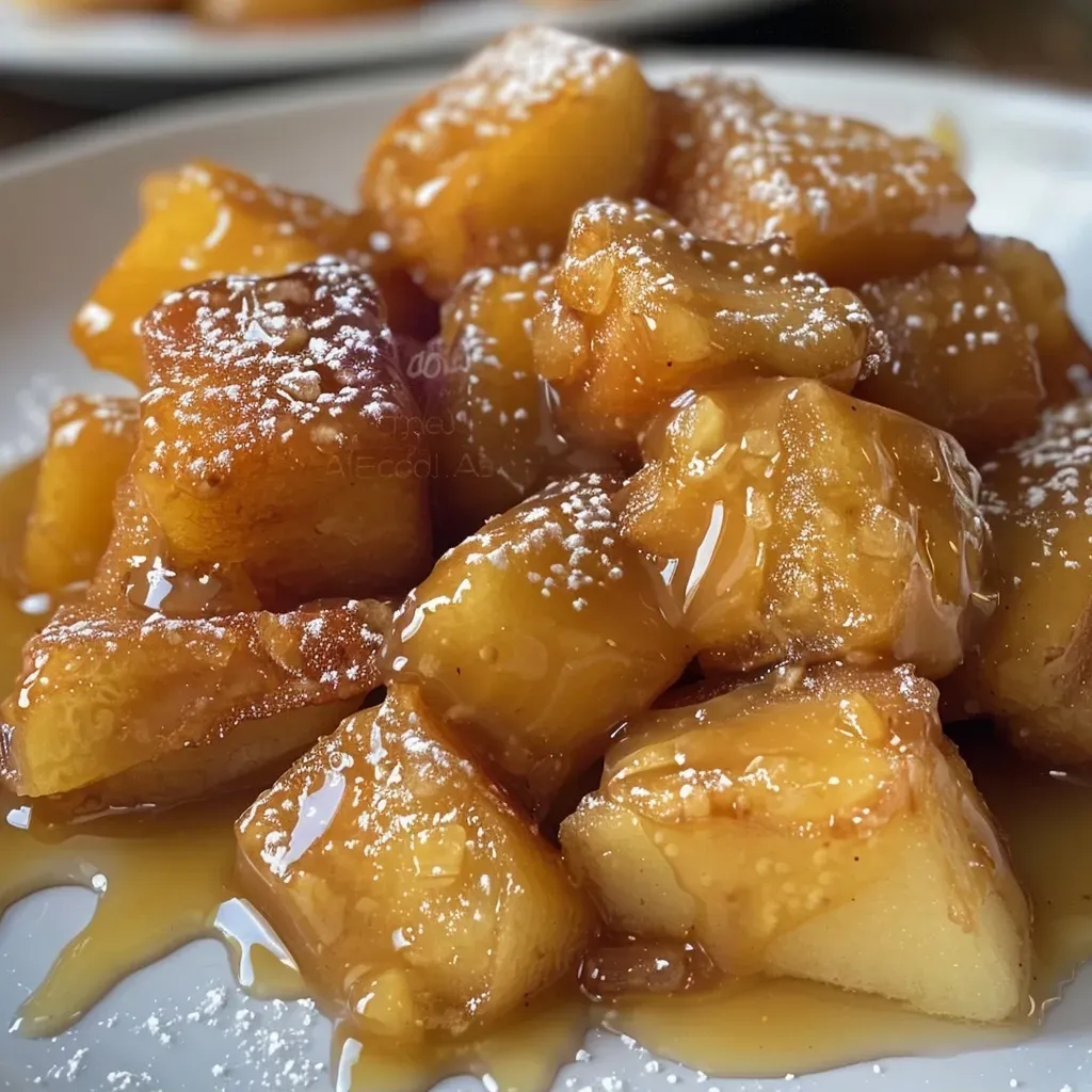 Side view of a creamy dessert featuring glace cannelle and caramelized apple slices.