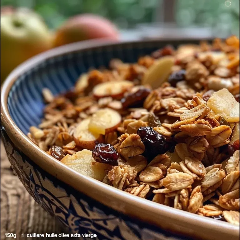 Mon granola aux pommes croustillant pour des petits déjeuners gourmands Close-up view of granola aux pommes featuring oats, nuts, and apple pieces.