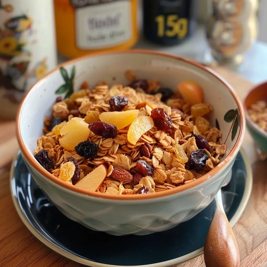 Side view of a bowl of granola aux pommes with visible apple chunks and golden oats.