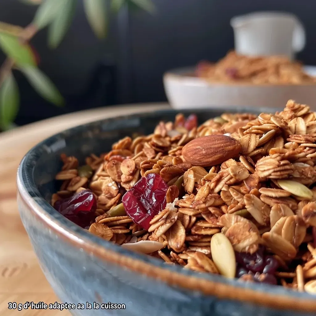 Close-up of a bowl filled with granola featuring chestnuts and cinnamon.