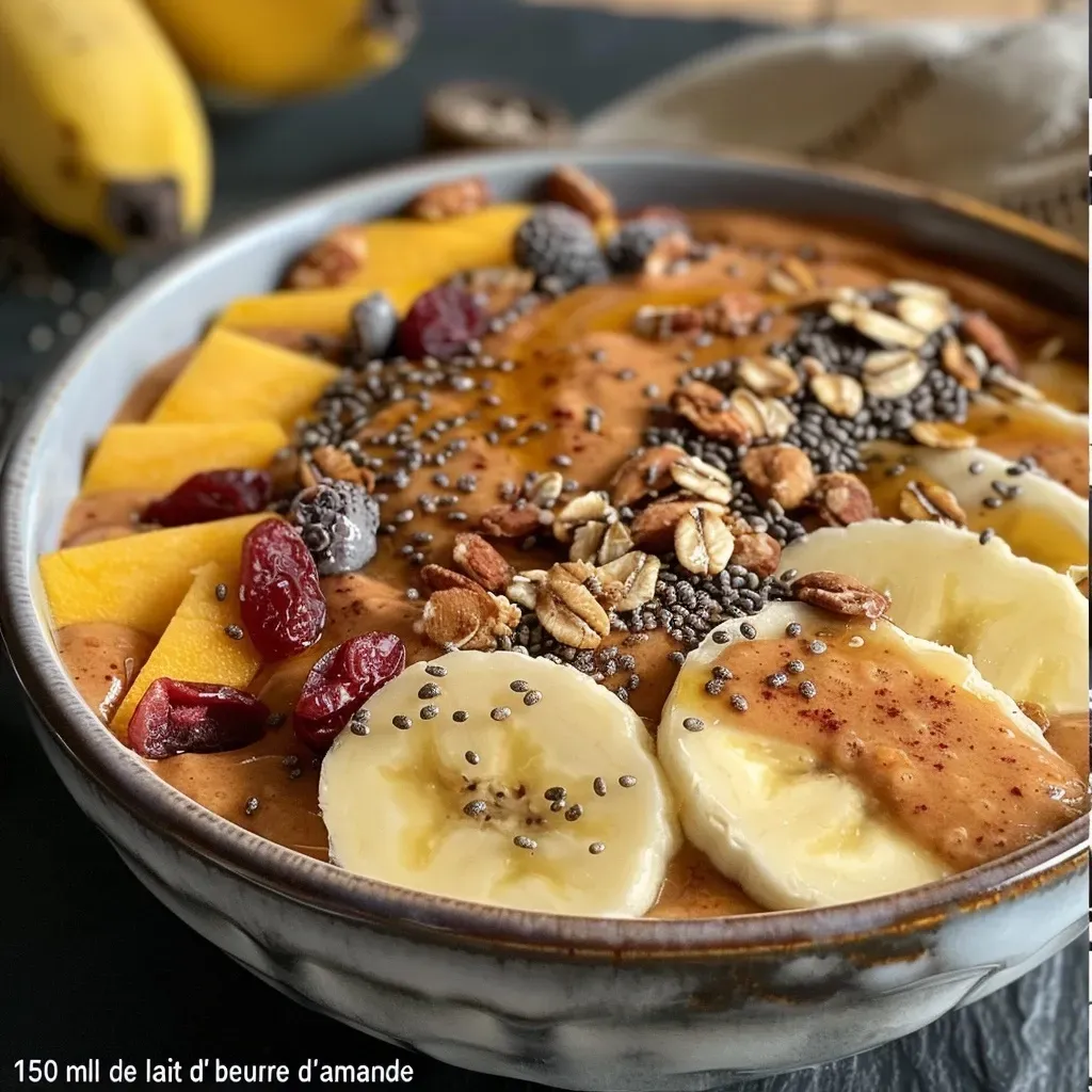 Close-up view of chocolate hazelnut granola in a rustic bowl.