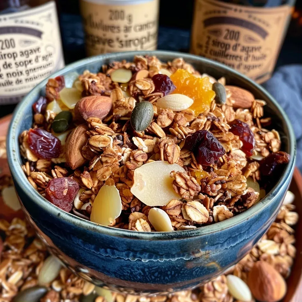 Close-up view of gluten-free granola with nuts and seeds.